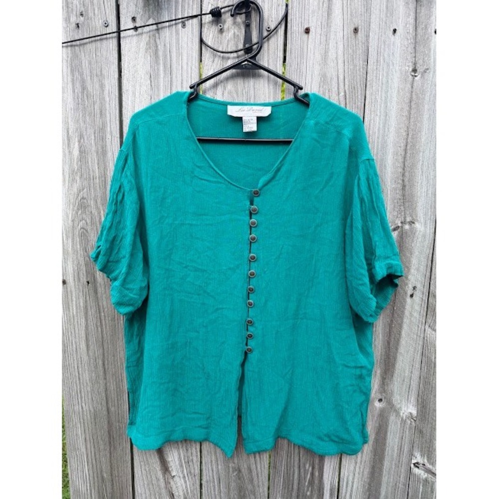 Boho Coastal Lee David Collection Blouse L Teal Green Rayon Button Front Top